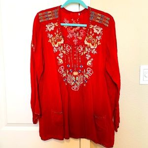 Johnny Was Embroidered red tunic top